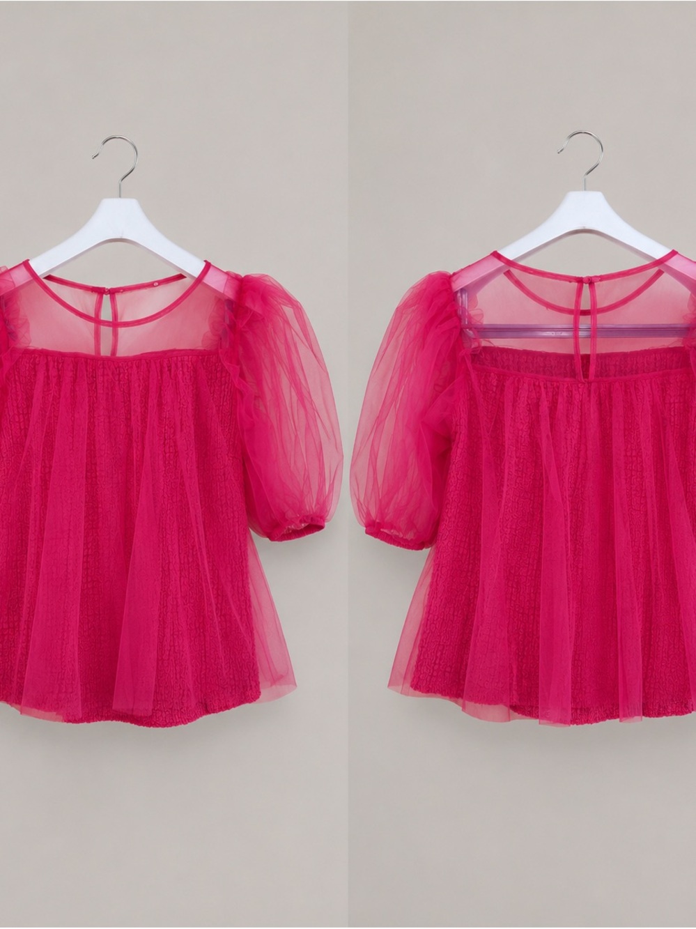 Anthropologie Ladies M Sheer Puff-Sleeve Blouse Hot Pink Magenta Smocked Top